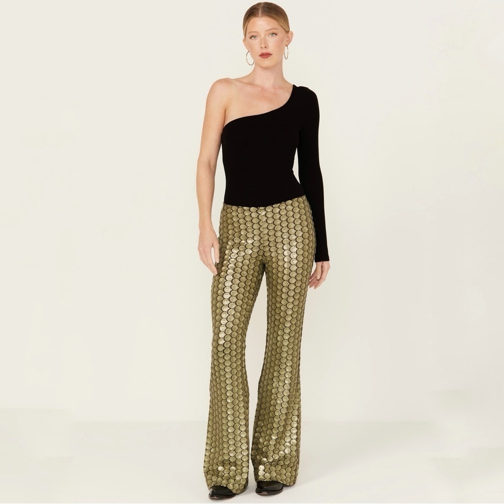NWOT Free People Wilder Days Sequin Flare pants fish scale effect